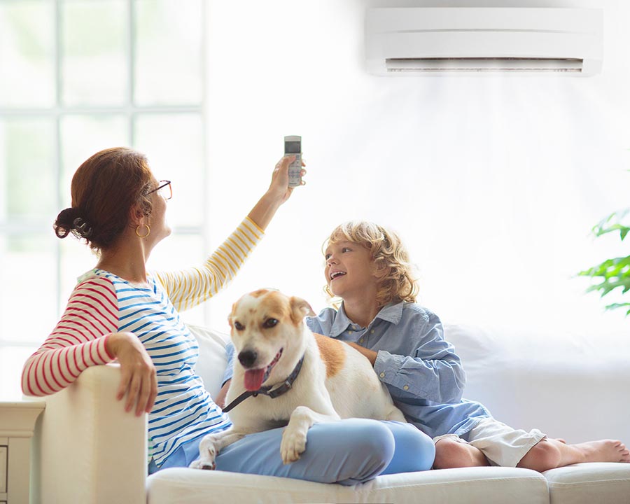 Mother And Child With Ductless Air Conditioner Remote Control